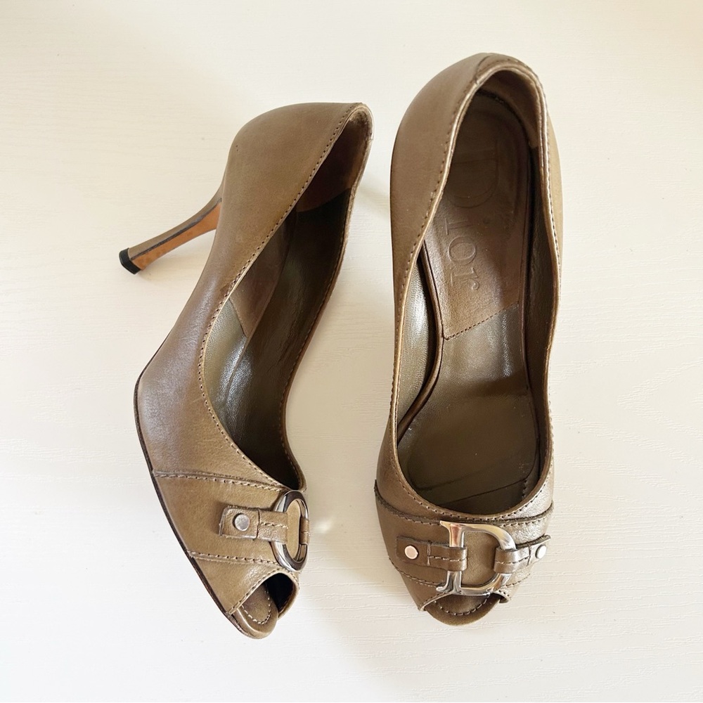 Christian Dior Brown Green Peep Toe Heels CD Hardware Size EU 37.5